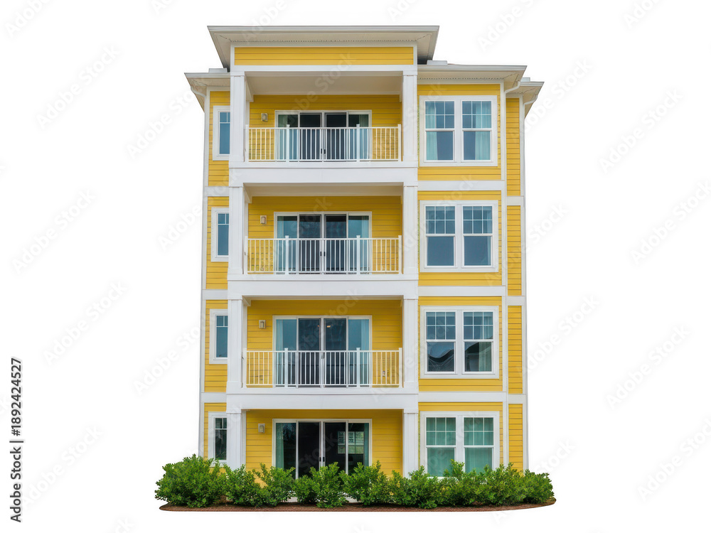 Fototapeta premium Modern yellow apartment building with balconies and greenery isolated on transparent background