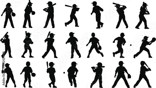 Silhouette figures performing baseball actions including pitching, batting, catching, and running for sports, athletic, youth, and educational illustration vector