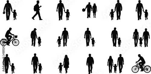 Silhouette adults and children in family activities including walking, cycling, and holding hands for parenting, lifestyle, community, and everyday illustration