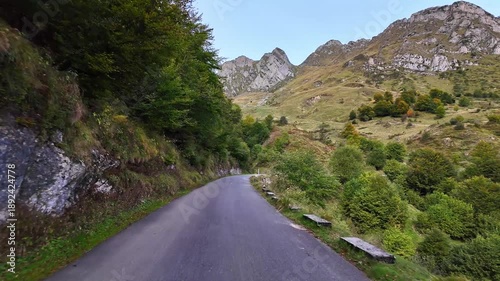 Driving up the Col d'Aubisque, France. Mountain pass in the French Pyrenees massif, symbol of the Tour de France in Bearn, France