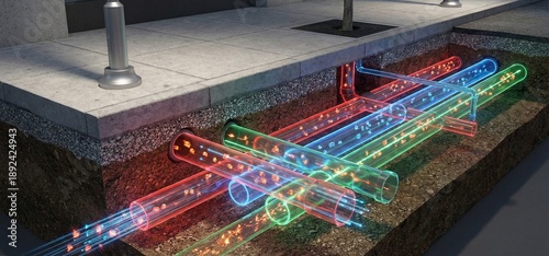 A cross section of underground city infrastructure with glowing 3D digital utility pipe layout
