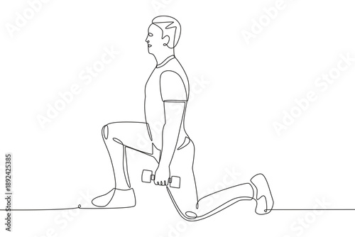 Man squatting with dumbbells. Home fitness routines concept one-line drawing