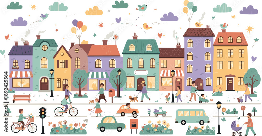 Fototapeta premium Cute colorful city street illustration with houses, people, shops, bicycles, balloons, cars, and lively neighborhood life in detailed vector style