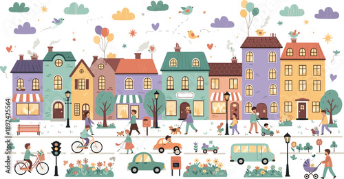 Cute colorful city street illustration with houses, people, shops, bicycles, balloons, cars, and lively neighborhood life in detailed vector style