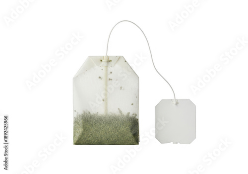 Green tea bag with tag on white background isolated on transparent background