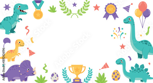 Cute dinosaur award certificate frame with trophies, medals, balloons, stars, eggs, and colorful prehistoric characters for kids achievements