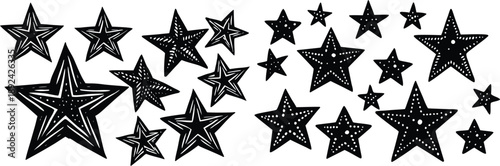 Collection of golden stars icons and decorative sparkles vector elements set.