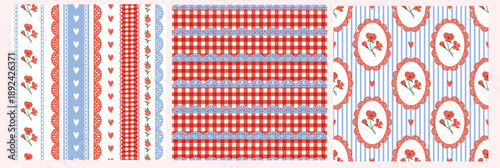 Folk floral seamless patterns set, hand-drawn hearts,  vertical stripes, lace borders, gingham checks. Blue, red, white color perfect for Valentine’s Day designs, spring stationery, wrapping paper.