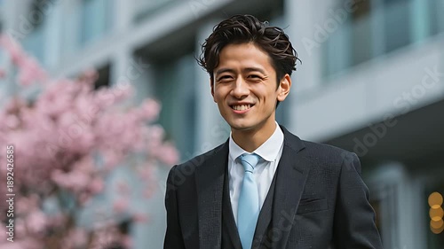 桜の下で穏やかに微笑み新生活の抱負を語る日本人男性社員