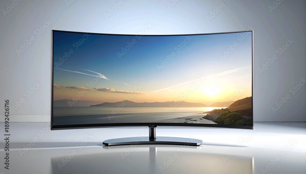 Fototapeta premium Curved Screen Monitor Displaying Serene Sunset Landscape.