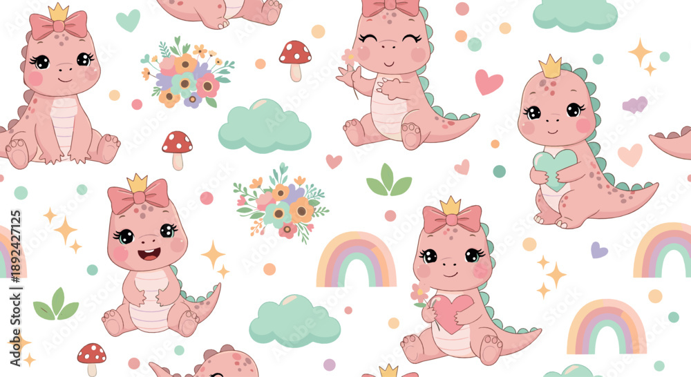 Naklejka premium Cute baby dragon seamless pattern vector with pastel rainbows, flowers, hearts, clouds, mushrooms, and kawaii fantasy characters for kids