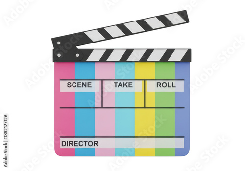 Film clapboard with colorful background and director label isolated on transparent background