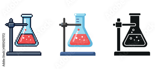 Pixel, flat, and graphic style chemistry flasks with liquid on stands