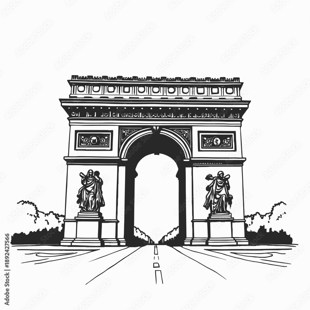 Fototapeta premium Arc de Triomphe Outline Vector Illustration Minimal Monochrome Line Art