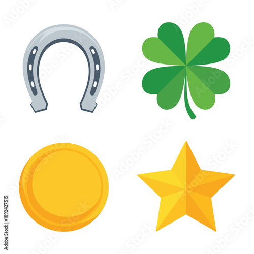 Lucky symbols collection with horseshoe, four leaf clover, gold coin, bright star, Saint Patricks Day vector for poster, greeting card.