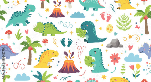 Cute colorful dinosaur seamless pattern vector with volcanoes, tropical plants, footprints, clouds, and playful prehistoric cartoon animals for kids