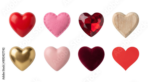 Heart shape collection set including red plastic, pink felt, ruby gemstone, wooden, gold, satin, and velvet textures isolated. Romantic decoration and valentines day elements.