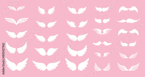 White angel or bird wings. Set of cute symbols. Wings tattoo. Simple white color icons. Wings for design. Love, romance vector icons. For gifts, Valentine's Day, birthday, party decoration, cards