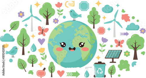 Cute Earth character illustration with trees, recycling, wind turbines, solar panels, birds, hearts, and eco friendly environmental cartoon elements