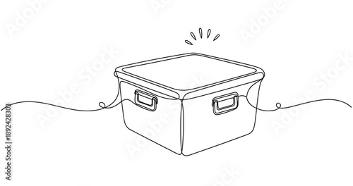 Minimalist line art of a storage box with handles and decorative lines. Non editable stroke