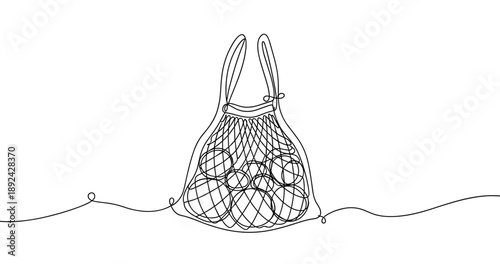 Continuous line drawing of reusable mesh bag with fruits inside. Non editable stroke