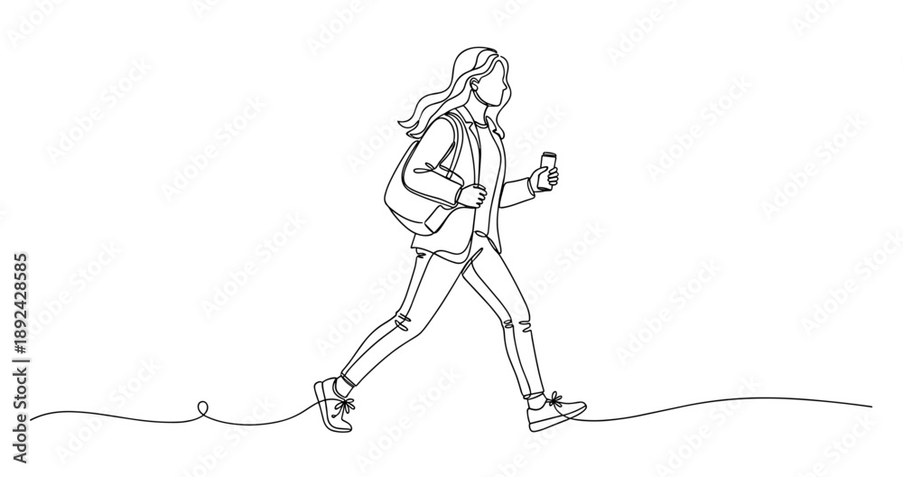 Naklejka premium Young female walking with phone in hand - line art illustration. Non editable stroke