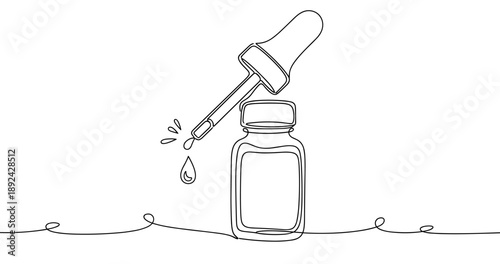 Minimalist line art of dropper bottle with liquid dripping. Non editable stroke