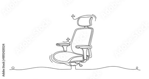 Minimalist continuous line drawing of ergonomic office chair with armrests and headrest. Non editable stroke
