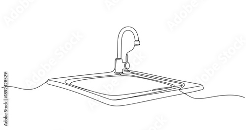 Minimalist continuous line drawing of kitchen sink and faucet. Non editable stroke