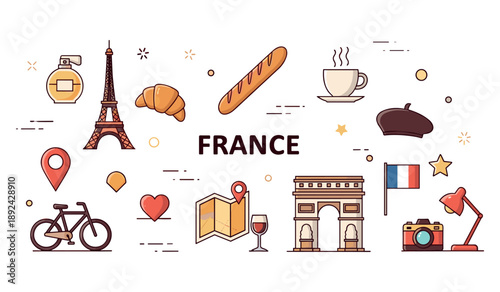 Icons of france: eiffel tower, croissant, baguette, arc de triomphe, french flag