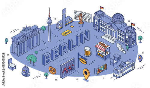 Illustrated landmarks and culture of berlin with iconic structures and symbols