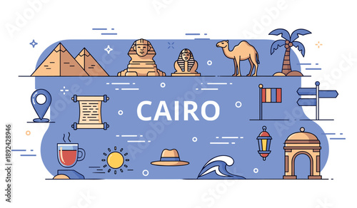 Cairo icons: pyramids, sphinx, camels, and cultural symbols illustrated