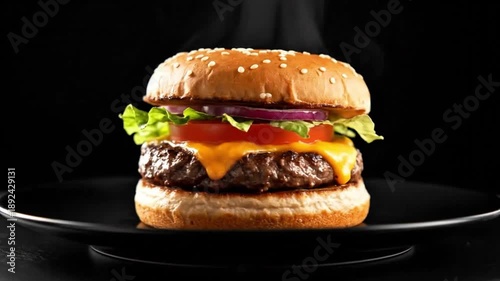Delicious hot burgers spinning slowly on a black plate