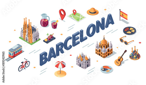 Barcelona icons: sagrada família, sangria, map, tram, paella, spanish flag