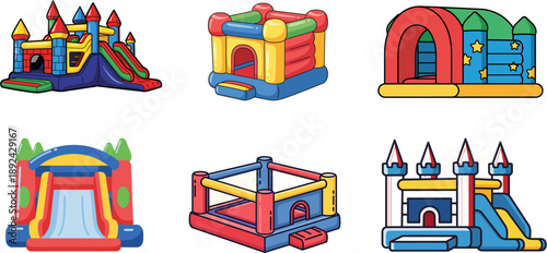 A vibrant collection of colorful cartoon inflatable bounce houses, jumping castles, and exciting slides, designed for children's outdoor play, parties, and fun-filled events