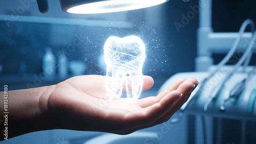 Holographic Dental Care Concept Visualization On Palm In Dental Clinic Environment for Medical Presentations And