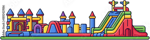 Colorful inflatable castle playground with slides and obstacles for children's entertainment and active recreation