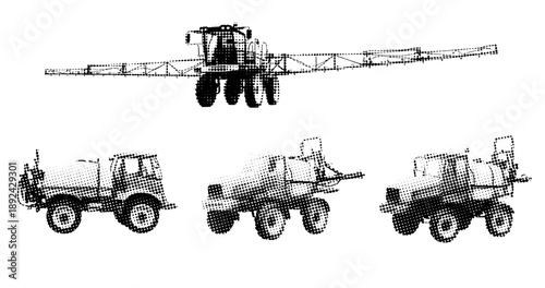 Vintage agricultural machinery icons: tractors and sprayers in black and white