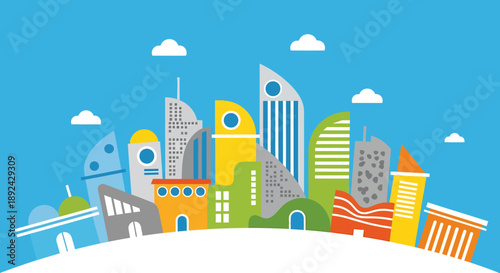 Colorful abstract city skyline with modern buildings under a bright blue sky with scattered clouds, representing urban development and a thriving cityscape