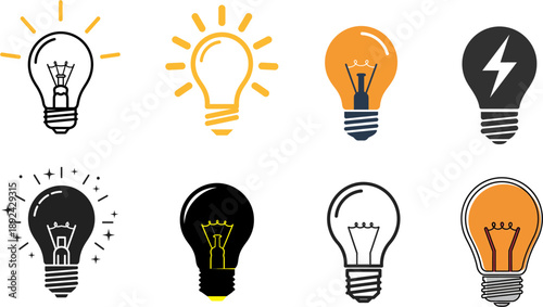 Diverse graphic light bulb icons illustrating conceptual breakthroughs, the spark of ingenuity, and the journey of innovative ideas from initial thought to brilliant solutions