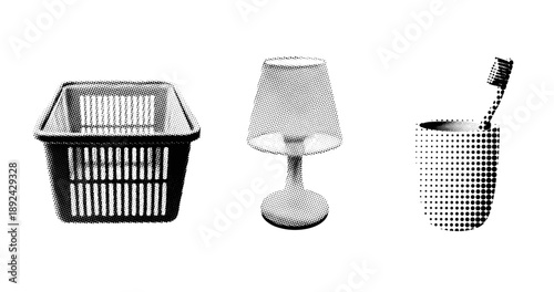 Halftone pop art of basket, lamp, and toothbrush in cup