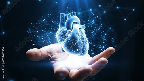 Human Heart Hologram Floating Over Hand with Blue Futuristic Network Connections for Medical Visualization and