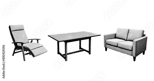 Halftone furniture set: recliner, table, and sofa in black and white artistic design