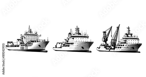 Detailed black and white illustrations of three offshore supply vessels with cranes