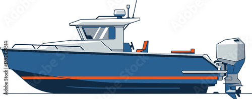 Clean Flat Vector Illustration of a Blue Motorboat with Outboard Engine, Ideal for Marine Transport, Fishing, and Recreational Water Activity Design