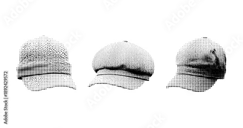 Black and white stippled baseball caps in three angles