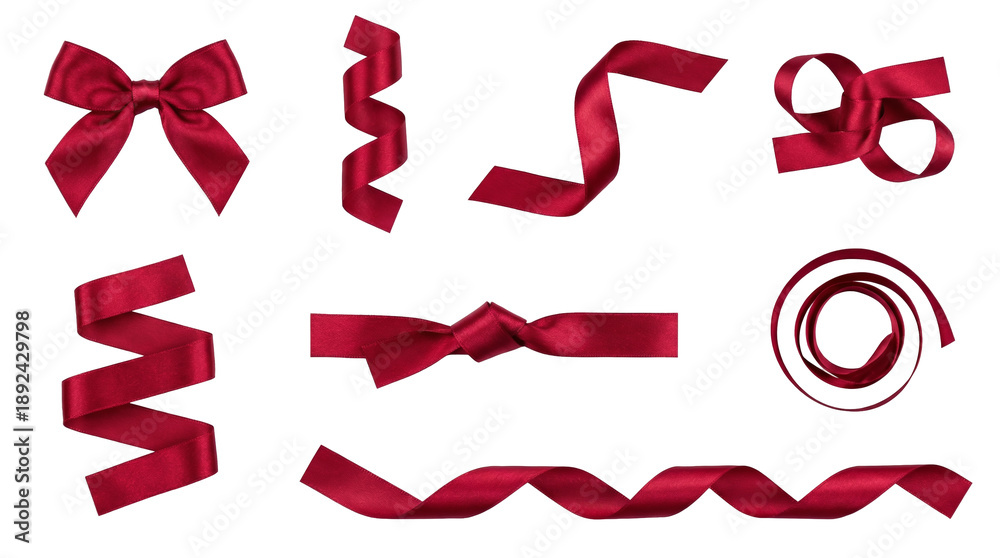 Naklejka premium Red satin ribbon set including bow, curled streamer, knotted band, spiral coil, and wavy strip isolated. Festive gift decoration collection.