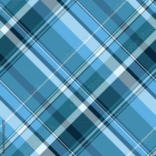 School tartan background pattern, dye plaid check fabric. American seamless vector texture textile in cyan and dark colors.