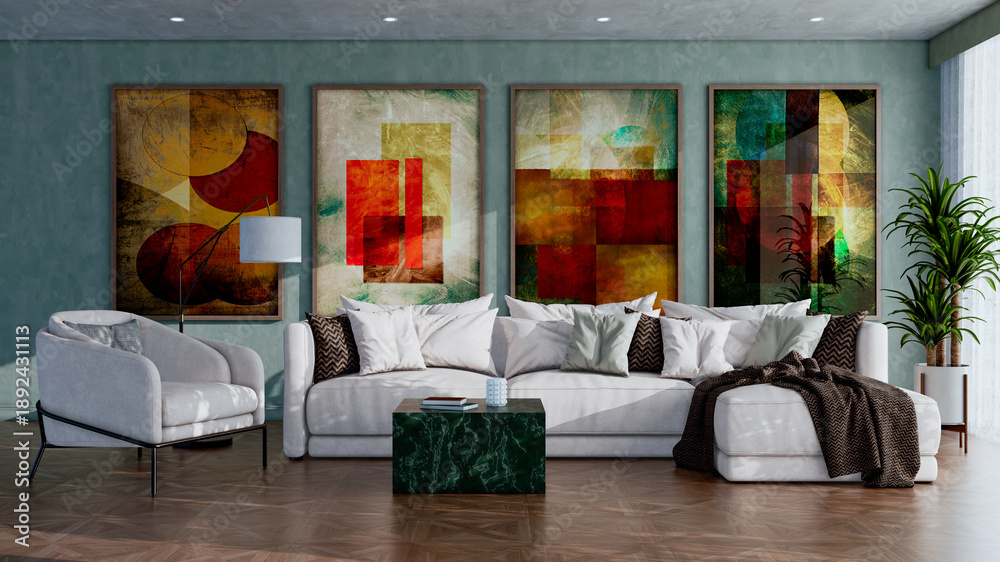 Obraz premium Large luxury modern bright interiors Living room mockup illustration 3D rendering