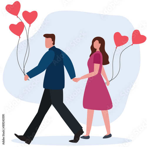 Man Gives Bunch of Balloons in Shape of Heart to Attractive Young Woman. Beautiful Smiling Couple Romantic Proposal. Happy diversity couple on 14 February, Valentines day. Vector illustration